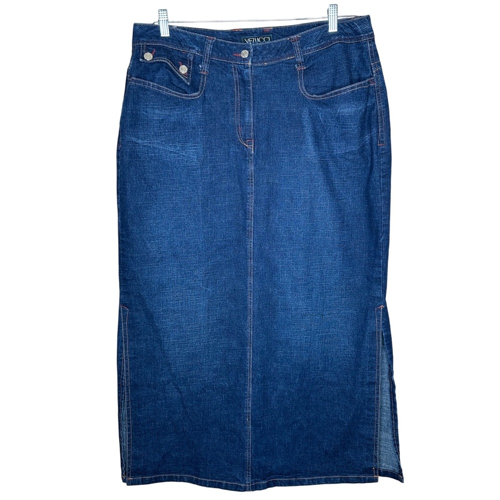 Vezucci Y2K Denim Maxi Skirt Women's Size 14 Midi Jean Skirt Pockets Dark‎ Wash